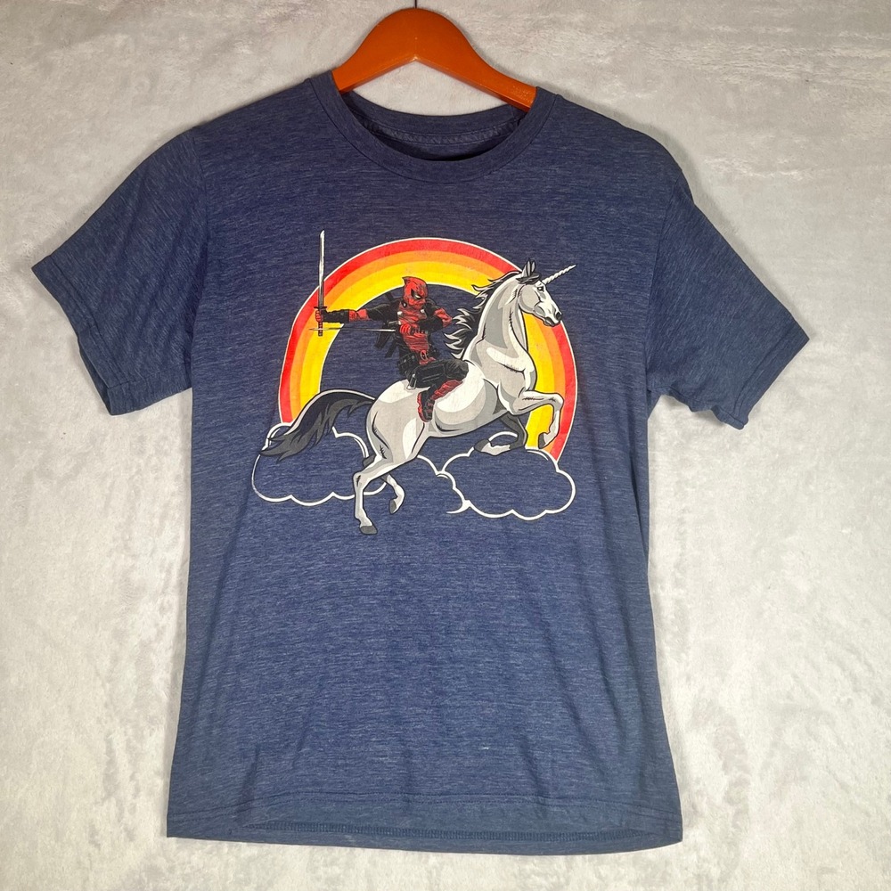 Marvel T-Shirt Mens Small Deadpool Riding Unicorn Rainbow Blue‎ Heather Graphic